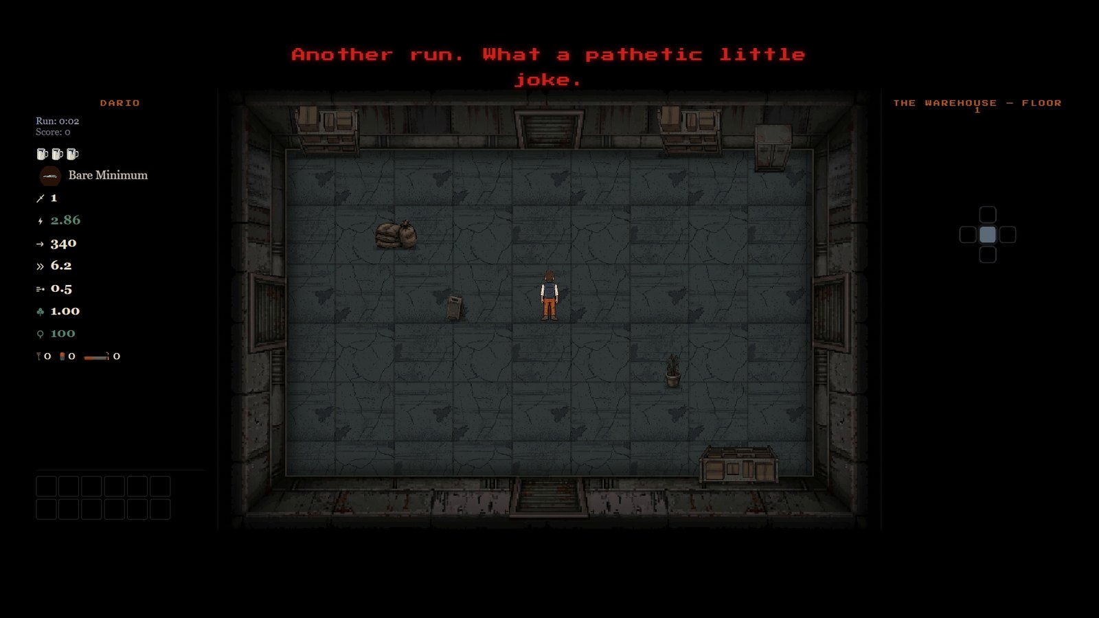 Floor one, the first room. Dario at the centre, a red line of dialogue across the top of the screen.