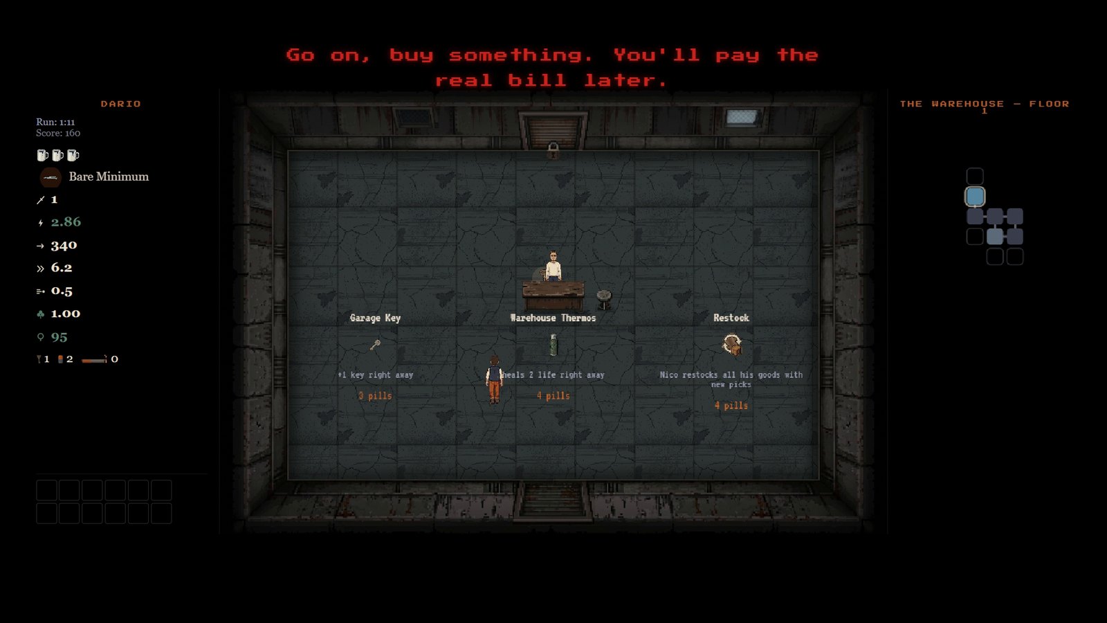 Nico the merchant behind his counter with three items on pedestals, a red line of dialogue above.