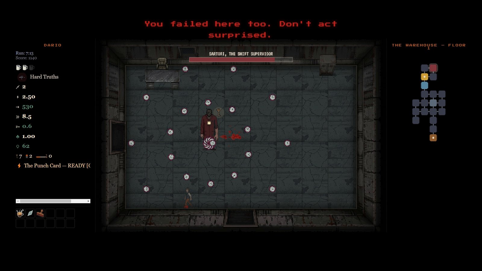 Boss fight against Sartori, the shift supervisor, a ring of projectiles around him and a health bar across the top of the arena.