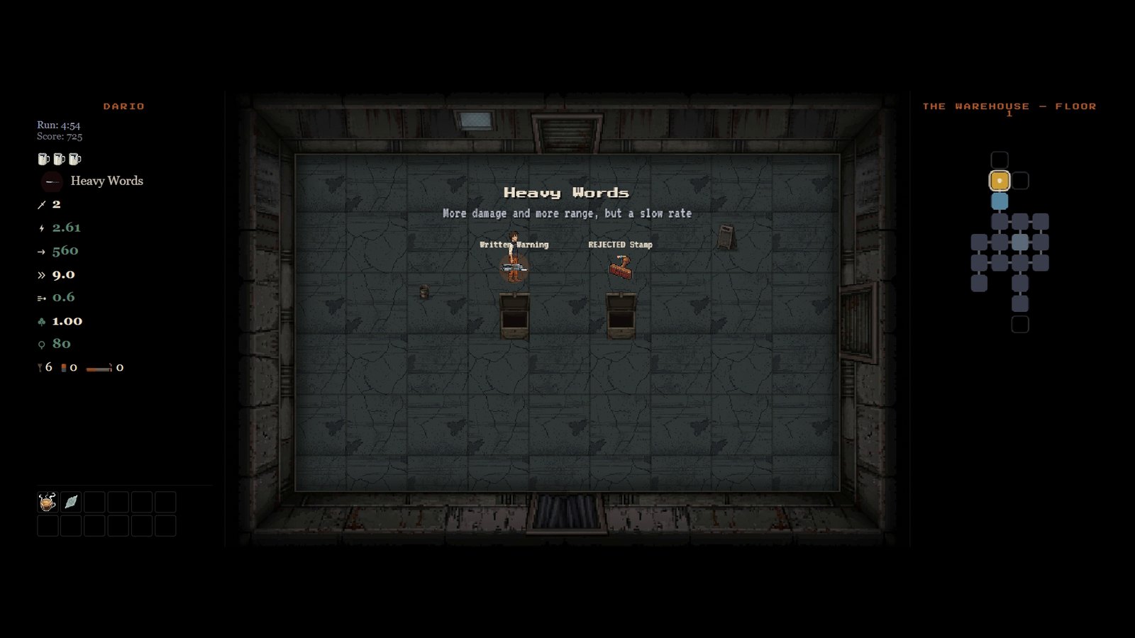 The workbench: two weapons on pedestals and a banner describing the hybrid.