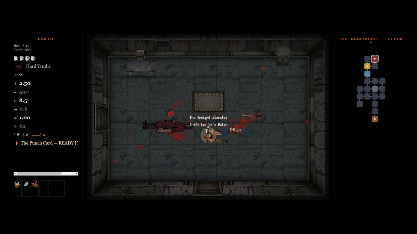 The freight elevator after the boss fight, blood on the floor and a match to pick up.